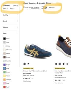 Screenshot from an online shoe store. The 'black' and 'blue' filters have been selected, and the page is returning 418 items.