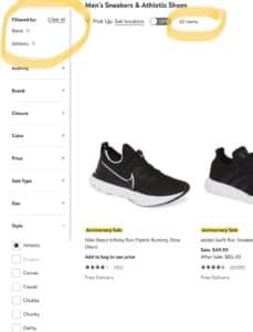 Screenshot from an online shoe store. the 'black' and 'athletic' filters have been selected, and the page is returning 62 items.
