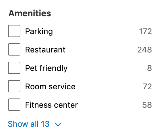 Screenshot of 'Amenities' list of filters on a hotel booking website. No filters are selected, but options include 'parking,' 'restaurant,' 'pet-friendly,' 'room service,' and 'fitness center.'