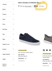 Screenshot of an online shoe story, with no filters selected. The page shows 817 items.