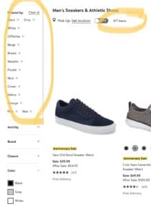 Screenshot of an online shoe store, with all filters selected. The page shows 817 items.