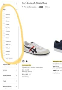 Image of an online shoe store with no filters selected.